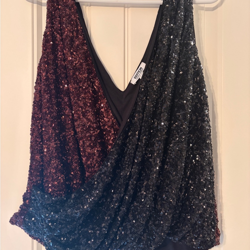 Express Sequin Drape Blouse in Black and Burgundy